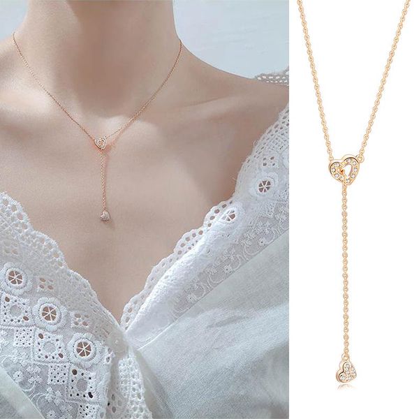 

pendant necklaces brand ol style sweet heart cubic zirconia long necklace rose gold wedding crystal chain fashion jewelry for women dwn159, Silver