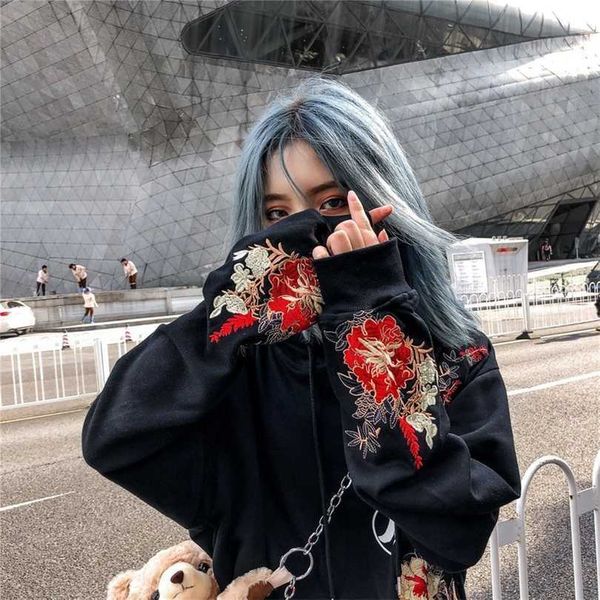 

houzhou harajuku oversized hoodie chinese style embroidery autumn winter velvet couple pullover streetwear sweatshirt 211220, Black