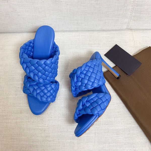 

new summer genuine leather weave one strap sandals woman thin high heels peep toe mules woman party shoes wending shoes, Black
