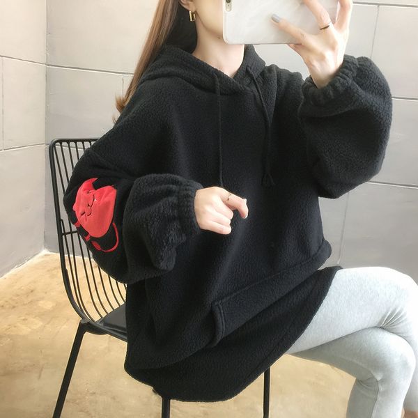 

cashmere autumn winter 2021 devil hooded cartoon pasted cloth long sleeved plush sweater ins female, Blue;black