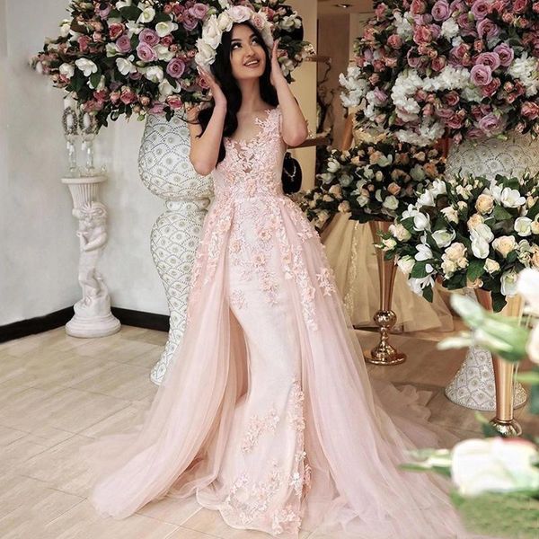 

arabic jewel neck lace appliqiued mermaid evening dresses with detachable train tulle corset back formal prom party gowns, Black;red