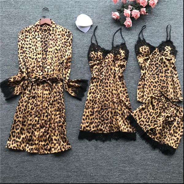 

silk pajamas pijama mujer women sleepwear leopard pyjama sets summer lace lingerie with chest pad, Black;red