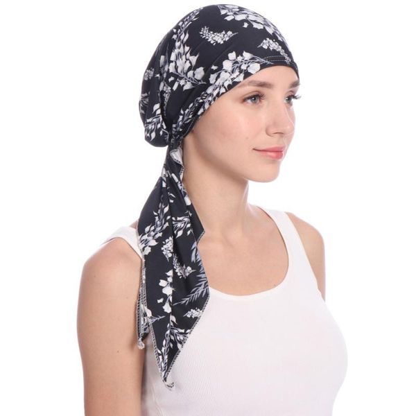 

women's headscarf cap muslim stretch chiffon print long tail hat scarves, Blue;gray