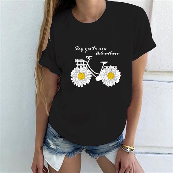 

say yes to adventunes daisy womens t shirt print short sleeve o neck loose summer tee camisetas mujer, White
