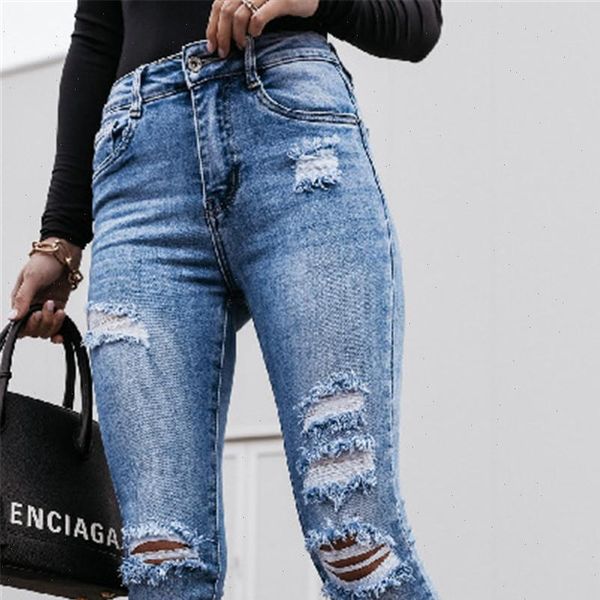 

high rise ripped stretch womens jean slim fit button waist pocket elastic hole trousers denim pants mujer, Blue