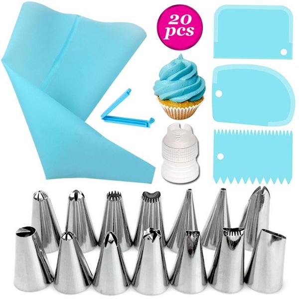 

baking & pastry tools 20 silicone bags icing piping nozzles +14pc stainles scraper reusable cake decorating