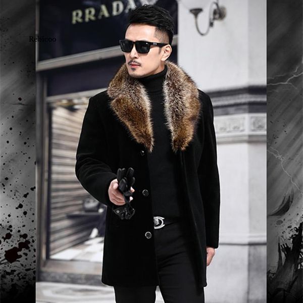 

men's wool & blends winter men long woolen coat fur collar warm male solid slim casual windbreaker jacket autumn fashion outwear plus s, Black