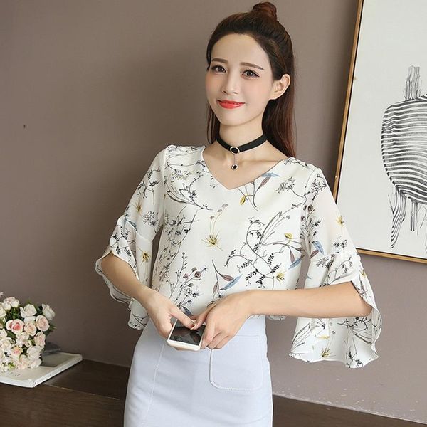 

women's blouses & shirts blouse v neck half flare sleeve floral print elegant 3 colors wild commuter comfortable breathable camisa, White