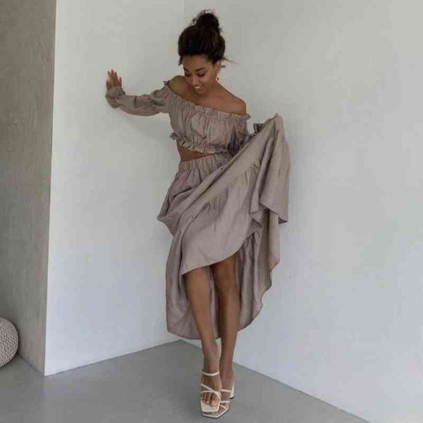 

solid original design dress sets party long dress sets women crop and big swing skirt suit elegant 2, White