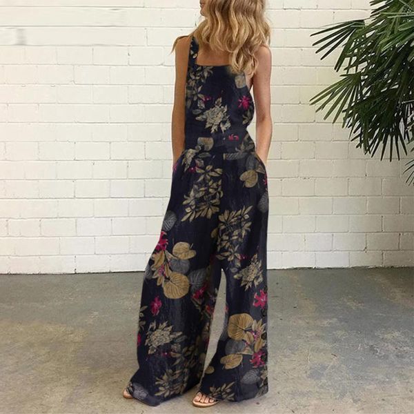 

women's jumpsuits & rompers women sleeveless jumpsuit fashion floral print causal loose wide leg bib pants overalls 2021 summer plus si, Black;white