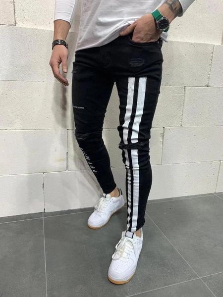 

men's jeans trendy men skinny biker destroyed frayed fit denim ripped pants side stripe pencil hip hop streetwear, Blue
