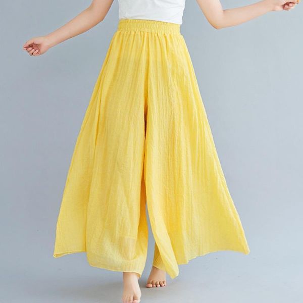 

0604 wide leg large womens pants size cotton linen elastic high waist beach full length trouser female retro loose spring, Black;white