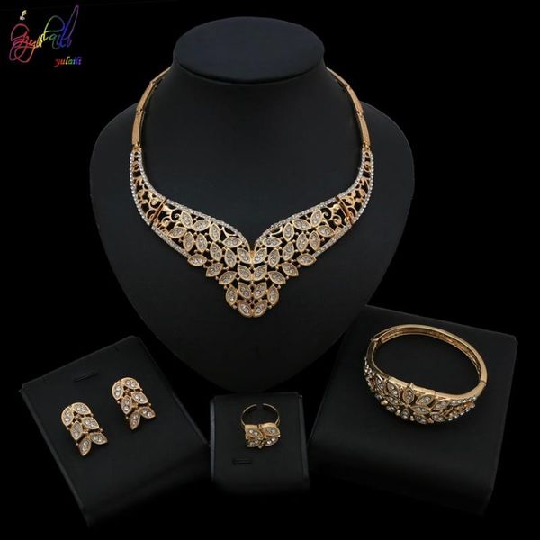 

earrings & necklace yulaili nigerian wedding african jewelry sets gold color rhinestone crystal leaf shape stud jewellery mujer, Silver