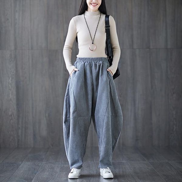 

winter big size thick womens pants warm corduroy harem solid color elastic waist loose casual trousers, Black;white