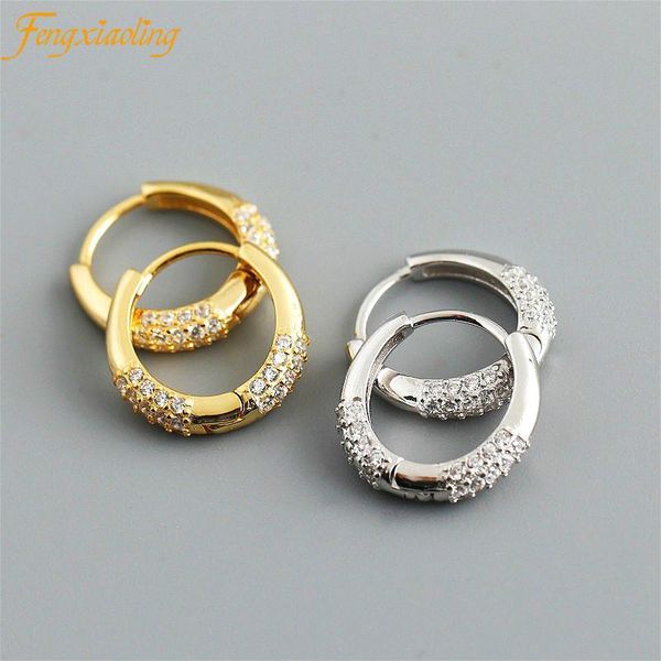 

hoop & huggie genuine 100% 925 sterling silver mini zircon round earrings for women european american style golden fine jewelry, Golden;silver