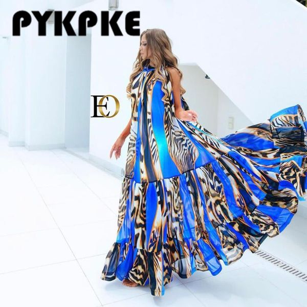 

casual dresses women long dress print loose off-the-shoulder beach 2021 sleeveless robe bohemian vestidos, Black;gray
