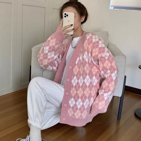 

women's sweaters oversize female cardigan autumn vintage argyle chess thumbprint button long sleeve woman's sweater dcnn, White;black
