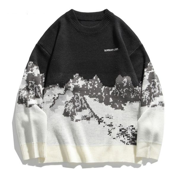 

men's printed font knitted long sved round neck sweater, blue black, for autumn and winter, White;black