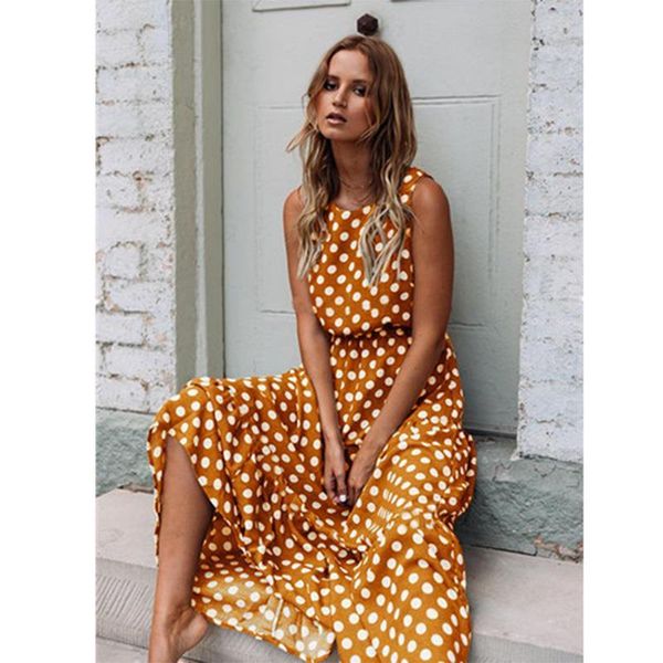 

summer sleeveless women dresses polka dot print midi dress casual fashion a line boho elegant beach long vestidos, Black;gray