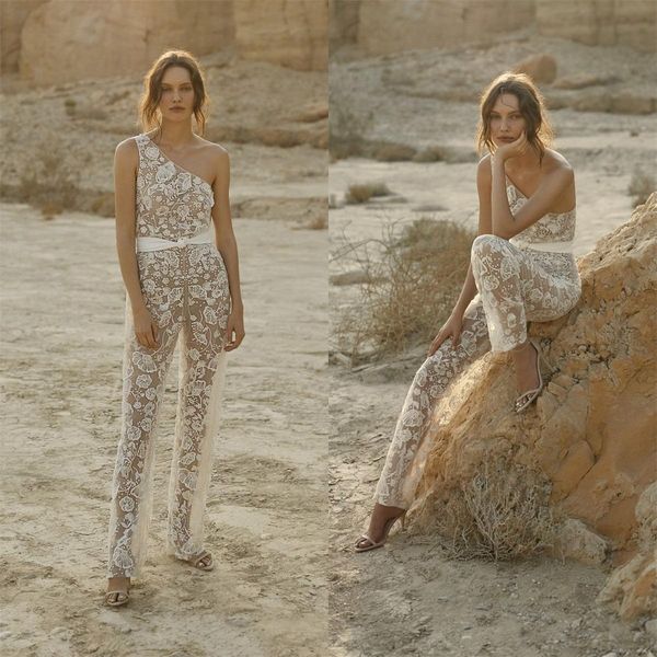 

one shoulder a line jumpsuits wedding dresses bridal gowns lace appliqued illusion custom made plus size vestido de novia, White
