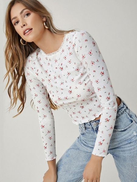 

lace trim ditsy floral crop tee x0bx#, White