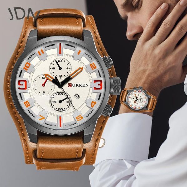 

wristwatches men retro watch leather quartz clock three eyes fashion hand temperament automatic date design reloj, Slivery;brown
