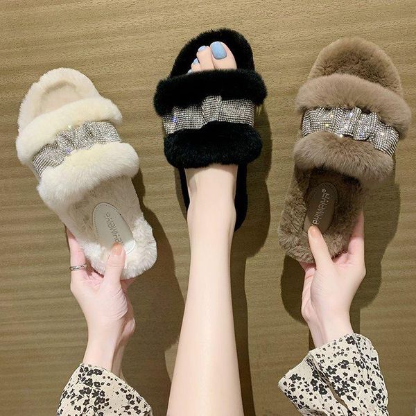 

slippers fur shoes casual slipers women loafers glitter slides low flock plush luxury 2021 flat jelly pu basic crystal with, Black