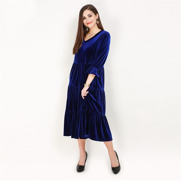 

plus size dresses vintage fall for women 2021 fashion elegant korean velvet party dress three quarter sleeve v neck l-8xl, Black
