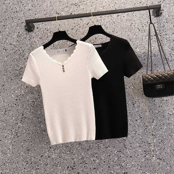 

l-4xl plus size women summer basic thin kint sweater pullover loose casual short sleeve v neck button oversized sweaters 210604, White;black