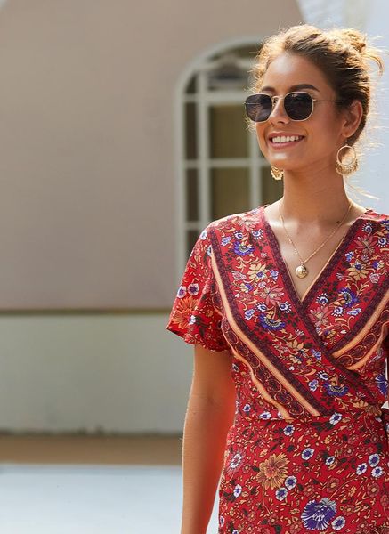

women dress dresses summer autumn floral printing knee length v neck short sleeve ruffle bohemia female, Black;gray