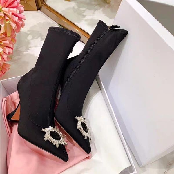 

boots 2021 ins black satin rhinestone sun high heel pointed toe stiletto booties women's stretch ankle real po