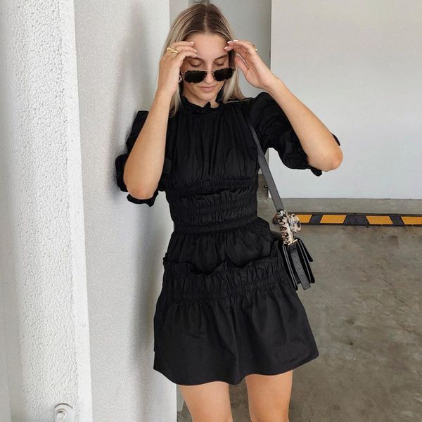 

fashion black women dress lantern puff sleeve vintage collar high waist straight slim bodycon cotton mini short streetwear 210422, Black;gray