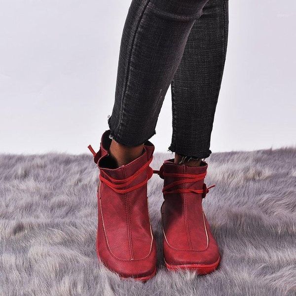 

boots 2021 women's pu leather ankle women autumn winter cross strappy vintage punk flat ladies shoes woman1, Black