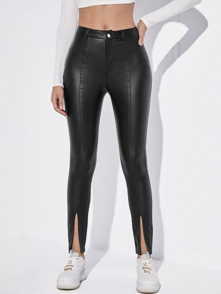 

high stretch split hem leather look skinny jeans e4nj#, Blue