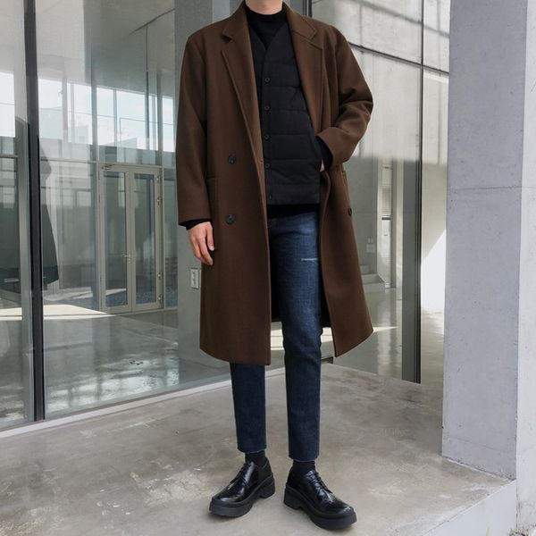

men's woollen coat middle long autumn winter new thickened tweed trend youth hidden thread patch bag slim pop windbreaker, Black