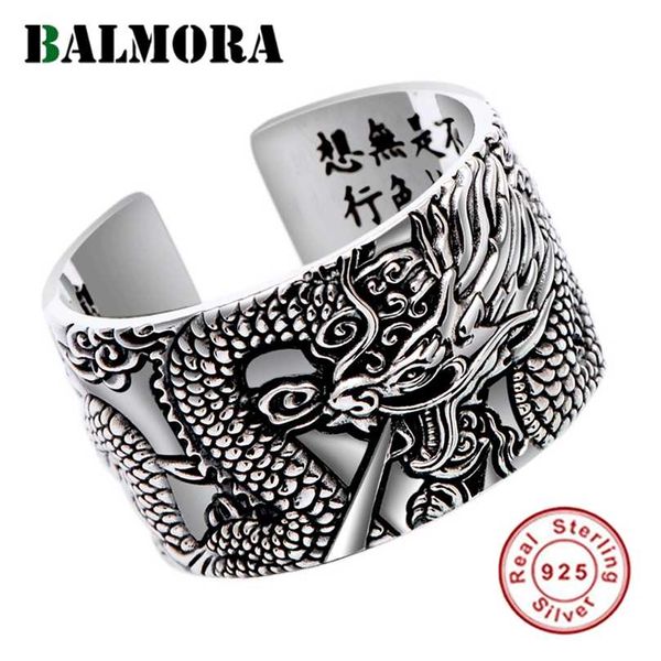 

balmora real 999 pure silver dragon buddhism sutra open rings for men stacking vintage cool punk finger jewelry gift 211116, Slivery;golden