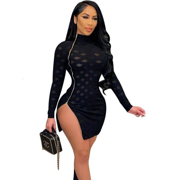 

women's jumpsuits & rompers nightclub mini dress women long sleeve hollow out black bodycon side zipper split transparent clu, Black;white