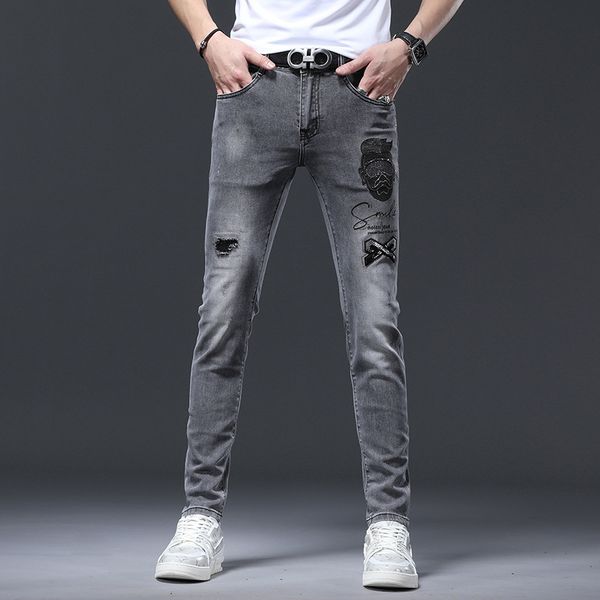 

fashion jeans men's youth rust flower drill reflective elastic slim foot hole summer pants, Blue