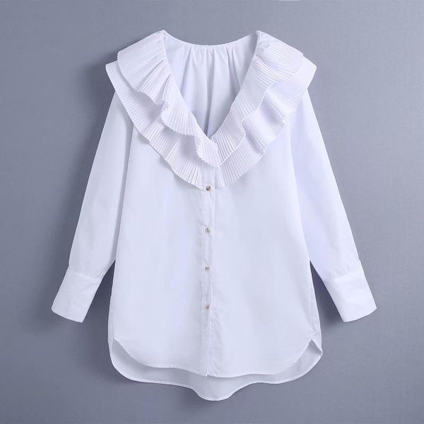 

spring women blouse solid button long sleeves ruffled collar shirt female fashion casual clothes women's blouses & shirts, White