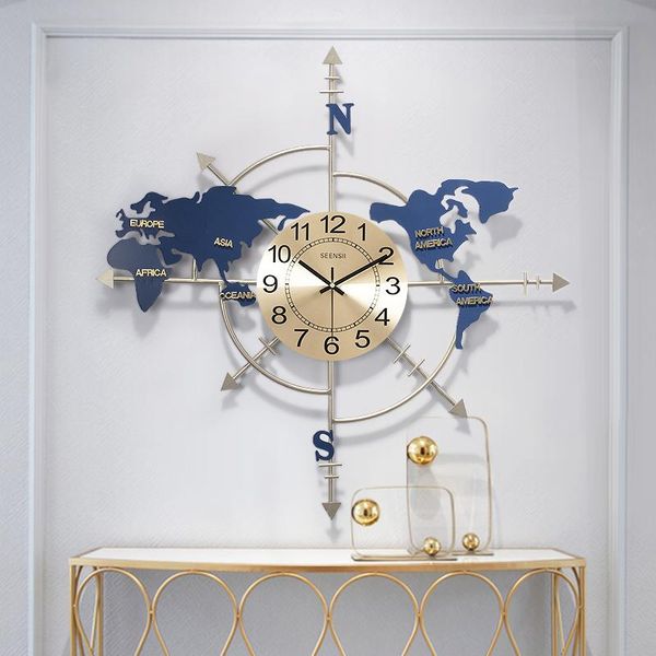 

wall clocks nordic wrought iron map hanging ornaments livingroom mute clock mural crafts home sticker decoration
