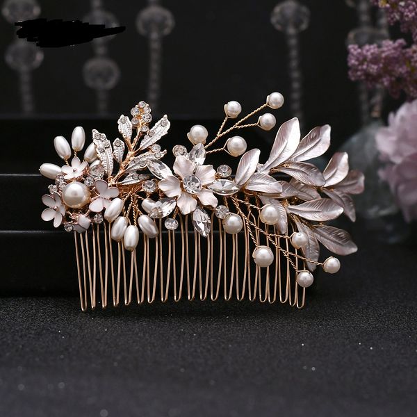 Cabeças de cabeceira de casamento pente pearl liga folhas de folhas de noiva Flor de ouro rosa com banquete de ornamento