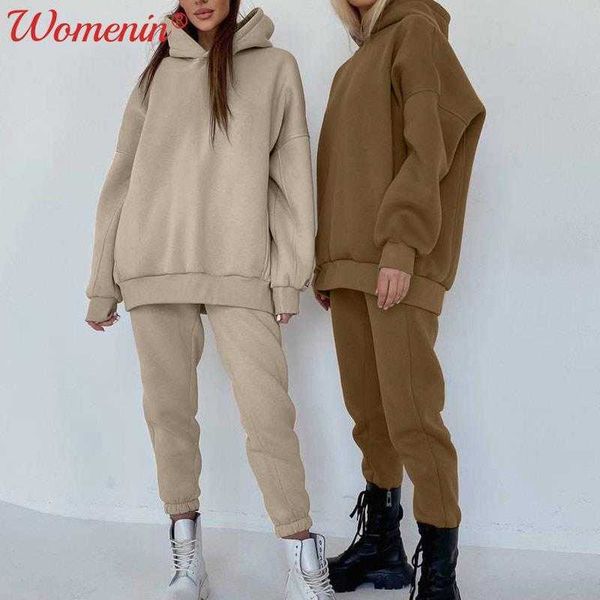 

fleece women's tracksuit suit hooded jogger pant two piece set oversized autumn winter casual lady sportswear 210930, White