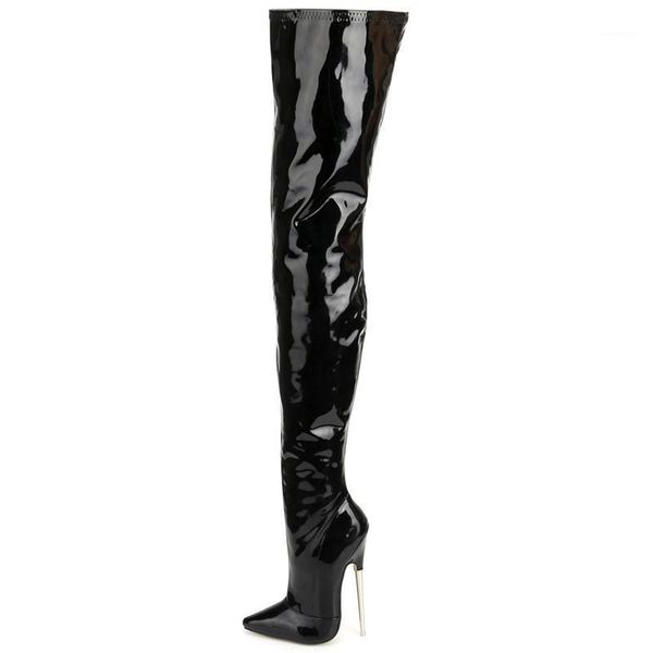 

boots women over-the-knee 18cm super high heel pointed toe pu leather metal heels zip crotch long custom made1, Black