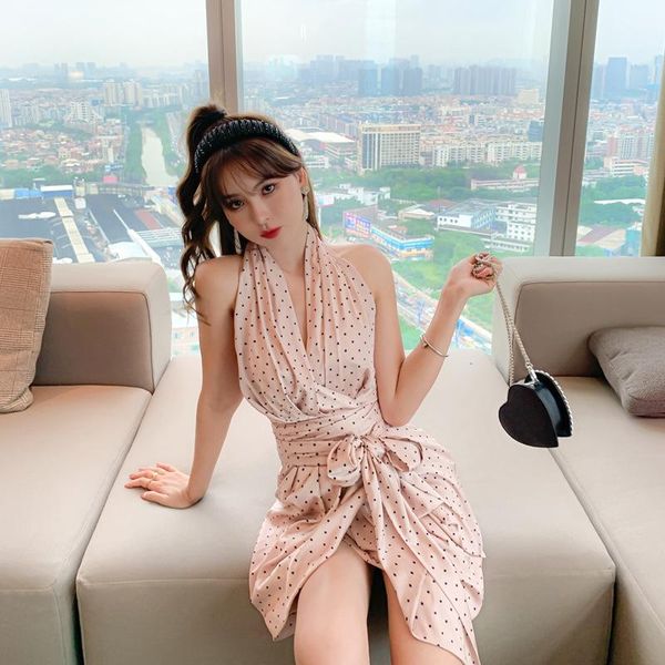 

casual dresses summer woman slim backless polka dot halter gown dress fashion waistband split vestido de noche, Black;gray