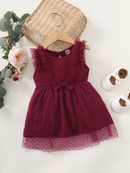 

baby bow front ruffle trim dobby mesh dress she, Red;yellow