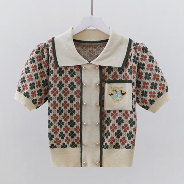 

women's blouses & shirts four leaf clover jacquard knit women femme cropped 2022 summer sweater shirt lapel short sleeve blusas mujer, White