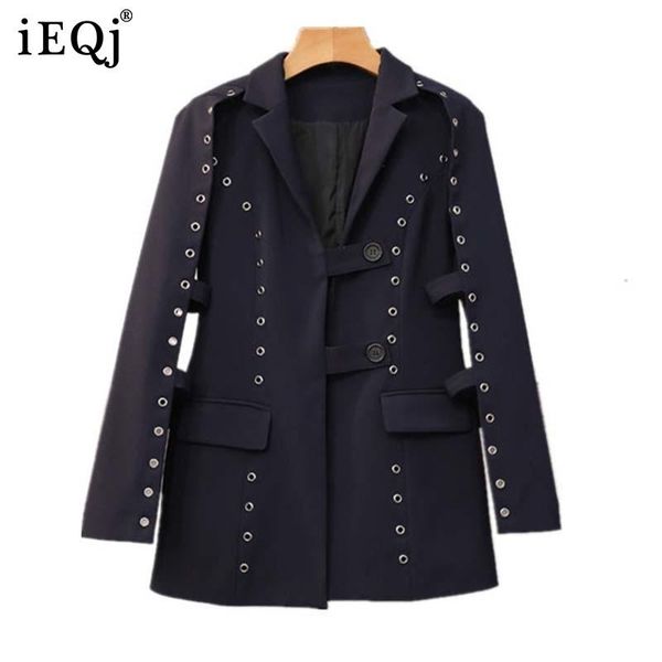 

ieqj women dark blue holes irregular blazer new lapel long sleeve loose fit jacket fashion tide spring autumn 2021 3d0010, White;black