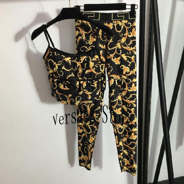 

women's two piece pants 2021luxury design fashion yoga sports suit retro flower print bra suspender + webbing elastic waist slim bottom, White