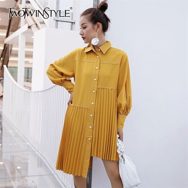 

casual pleated women's dress lapel collar lantern long sleeve asymmetrical hem female dresses fashion clothing 210520, Black;gray