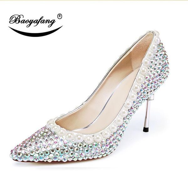 

dress shoes baoyafang luxury crystal wedding pearl pointed toethin heel rhinestone high bridal party woman, Black